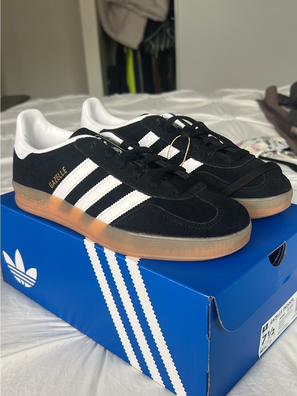 adidas Gazelle Black & White Suede Sneakers with Gum Sole